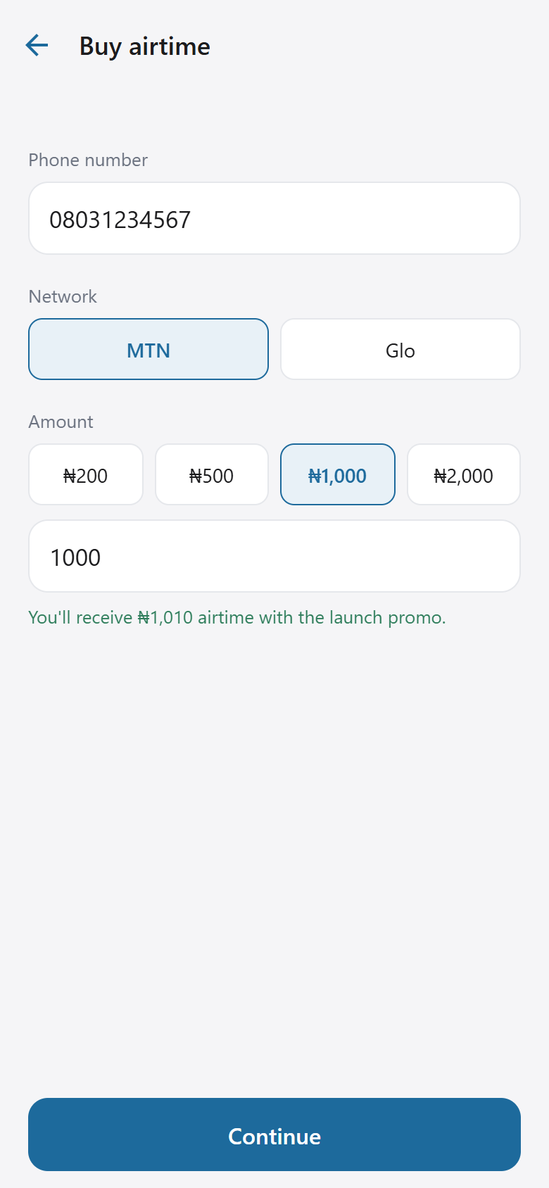 Buy airtime screen with a phone number, network and amount chosen