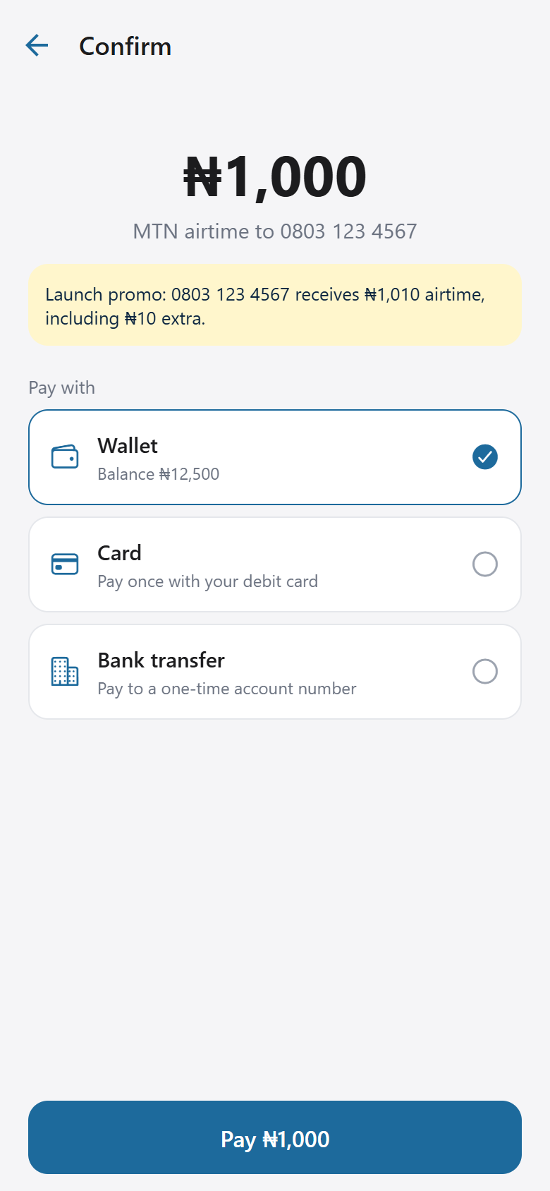 Confirm screen offering wallet, card or bank transfer