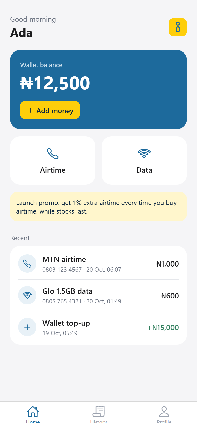 The iTopit app home screen showing a wallet balance, Airtime and Data buttons, and recent purchases