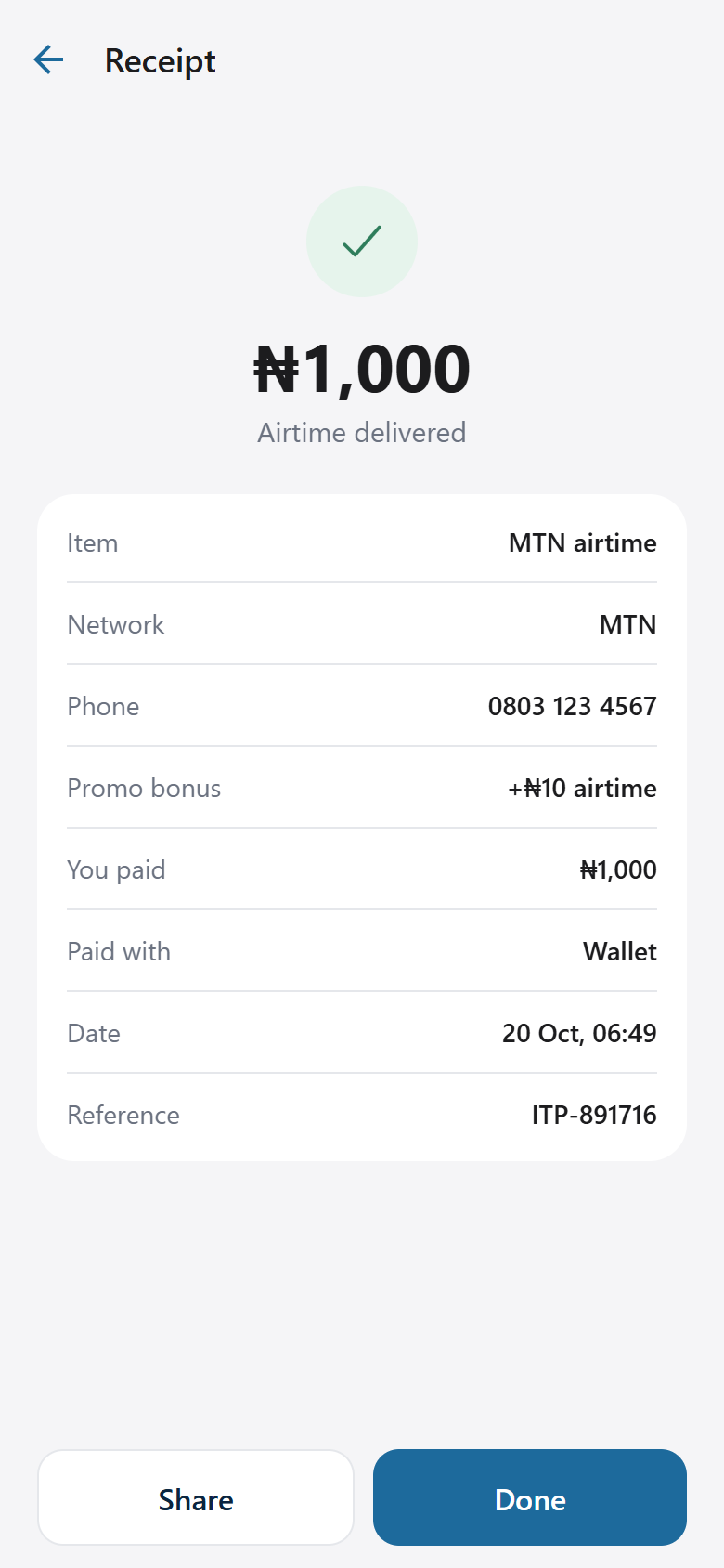Receipt showing airtime delivered with the promo bonus